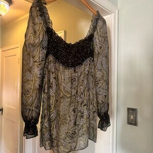Laundry By Shelli Segal Olive and Black Paisley Smocked Blouse (circa 2002)